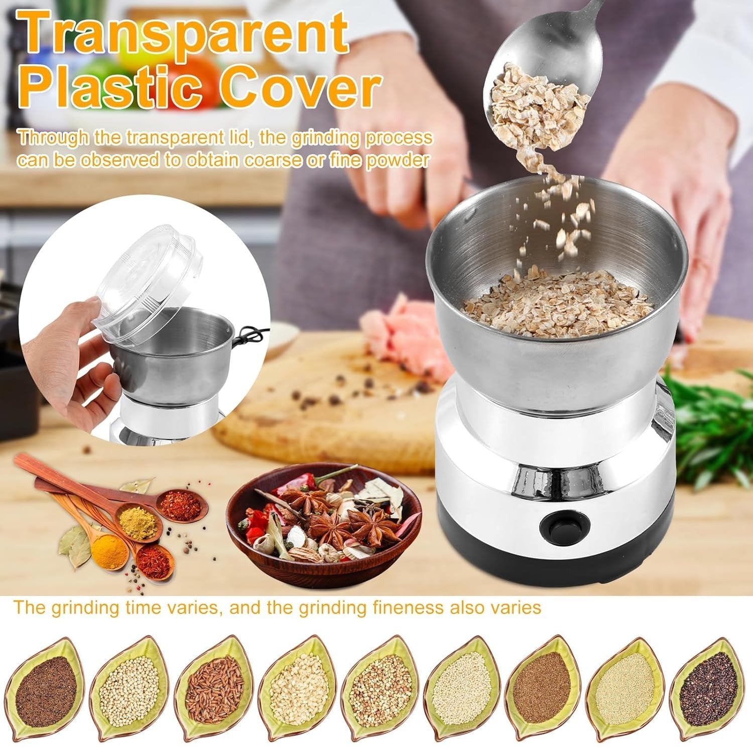 Electric Coffee Grinder and Spice Mill With Four-Edge Blade, Fine Dry Grinding, Electric Milling Function