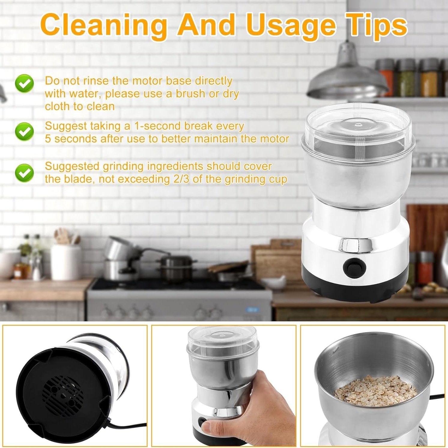 Electric Coffee Grinder and Spice Mill With Four-Edge Blade, Fine Dry Grinding, Electric Milling Function