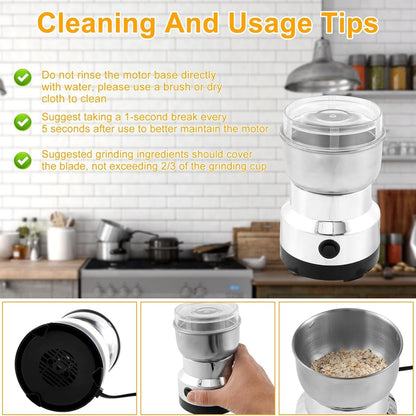 Electric Coffee Grinder and Spice Mill With Four-Edge Blade, Fine Dry Grinding, Electric Milling Function