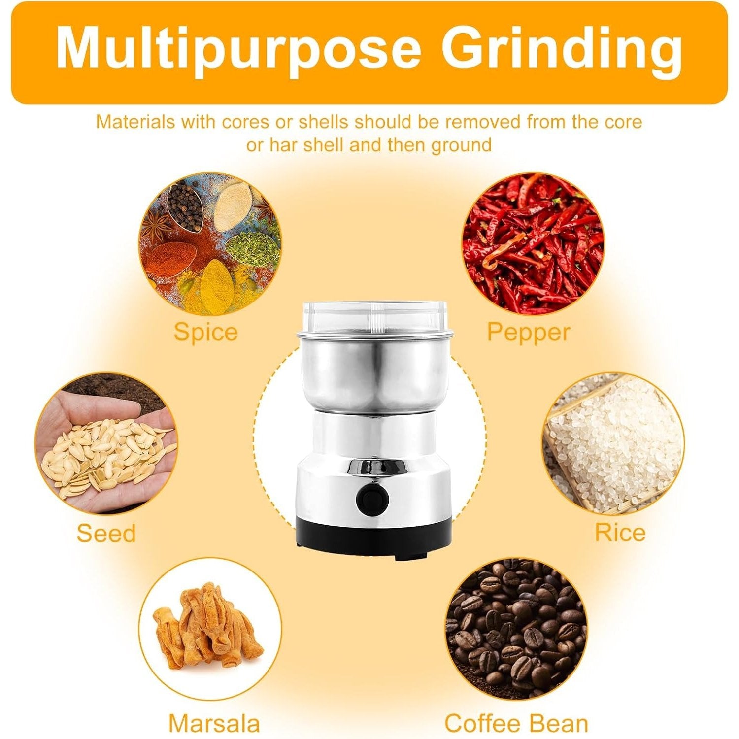 Electric Coffee Grinder and Spice Mill With Four-Edge Blade, Fine Dry Grinding, Electric Milling Function