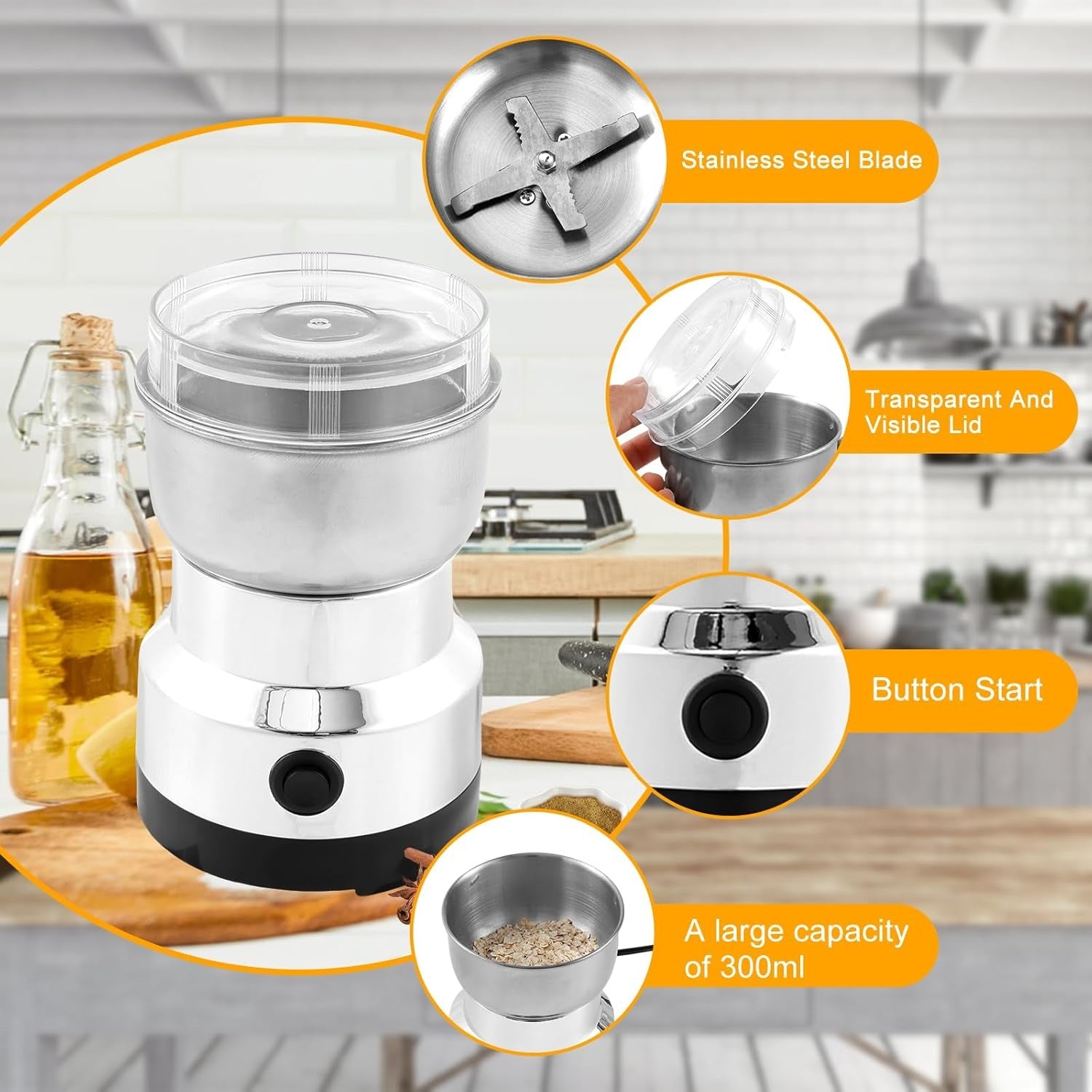 Electric Coffee Grinder and Spice Mill With Four-Edge Blade, Fine Dry Grinding, Electric Milling Function
