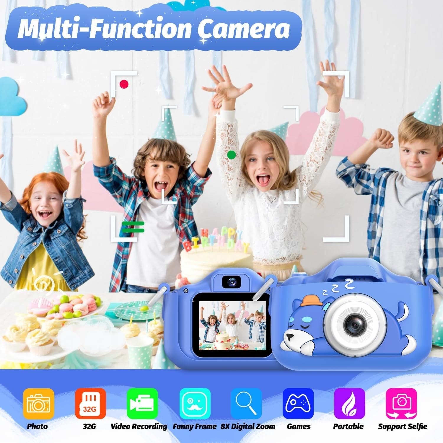 Exciting Camera for Inquisitive Children With Selfie, 32GB Storage, Display Screen, Fun Cartoon Design for Ages 3+