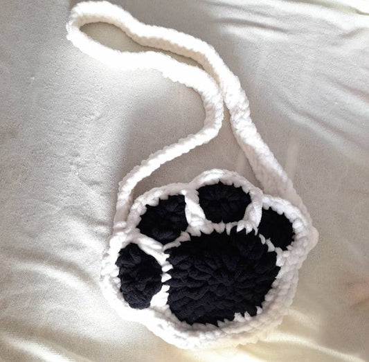 Handmade Charming Hand Knitted Bag with Black and White Cat Paw Design