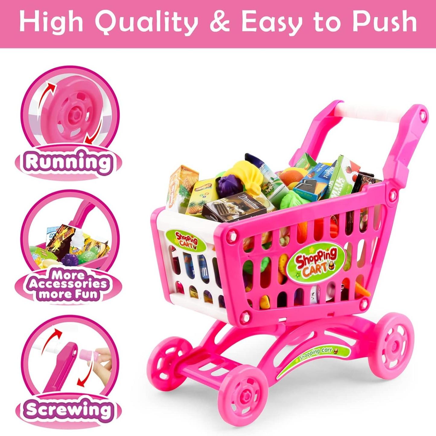 Kids Easy to Assemble Shopping Cart with Groceries, POS Machine, Plastic Money, Credit Cards and Shopping Cards