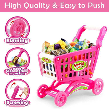 Kids Easy to Assemble Shopping Cart with Groceries, POS Machine, Plastic Money, Credit Cards and Shopping Cards