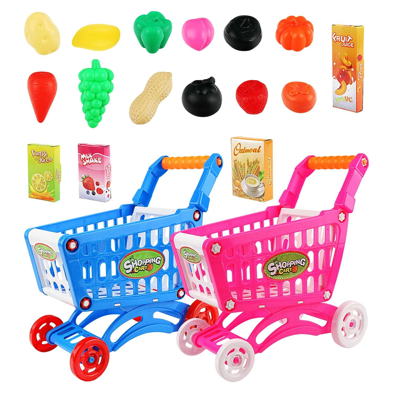 Kids Easy to Assemble Shopping Cart with Groceries, POS Machine, Plastic Money, Credit Cards and Shopping Cards