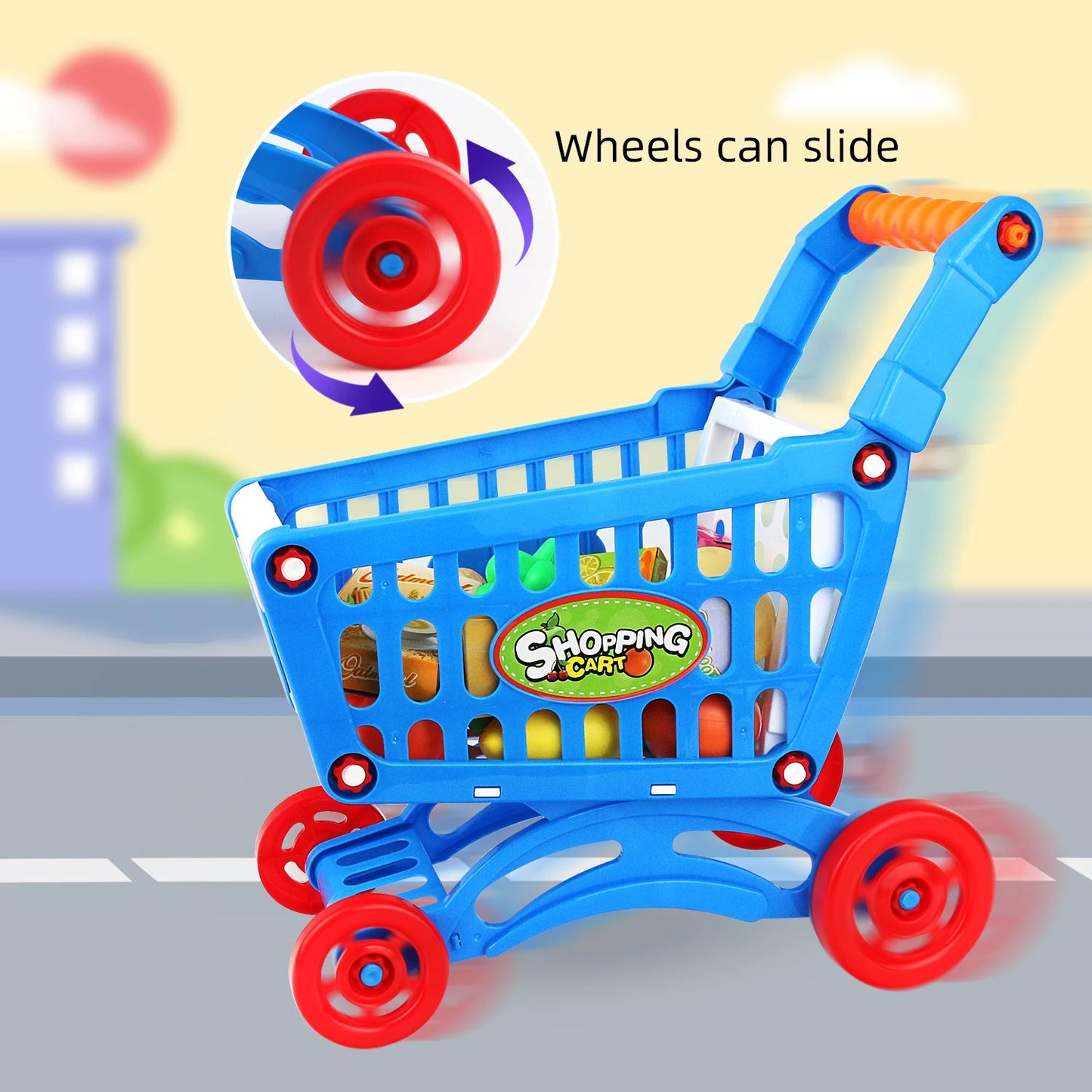 Kids Easy to Assemble Shopping Cart with Groceries, POS Machine, Plastic Money, Credit Cards and Shopping Cards