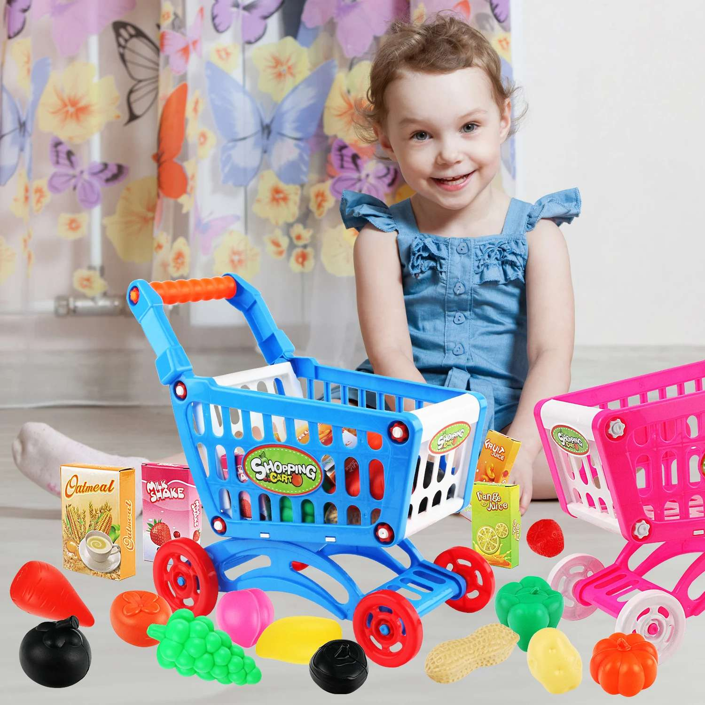 Kids Easy to Assemble Shopping Cart with Groceries, POS Machine, Plastic Money, Credit Cards and Shopping Cards