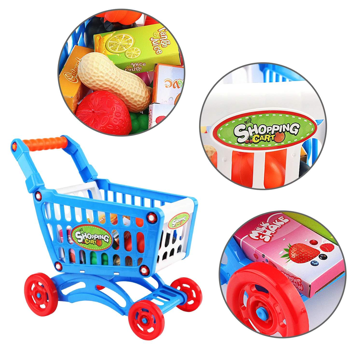 Kids Easy to Assemble Shopping Cart with Groceries, POS Machine, Plastic Money, Credit Cards and Shopping Cards