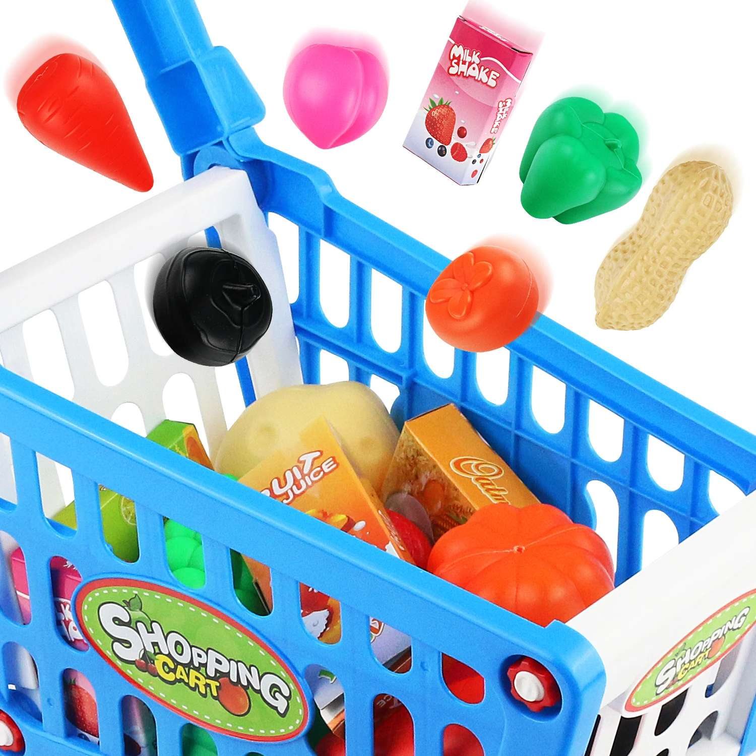 Kids Easy to Assemble Shopping Cart with Groceries, POS Machine, Plastic Money, Credit Cards and Shopping Cards