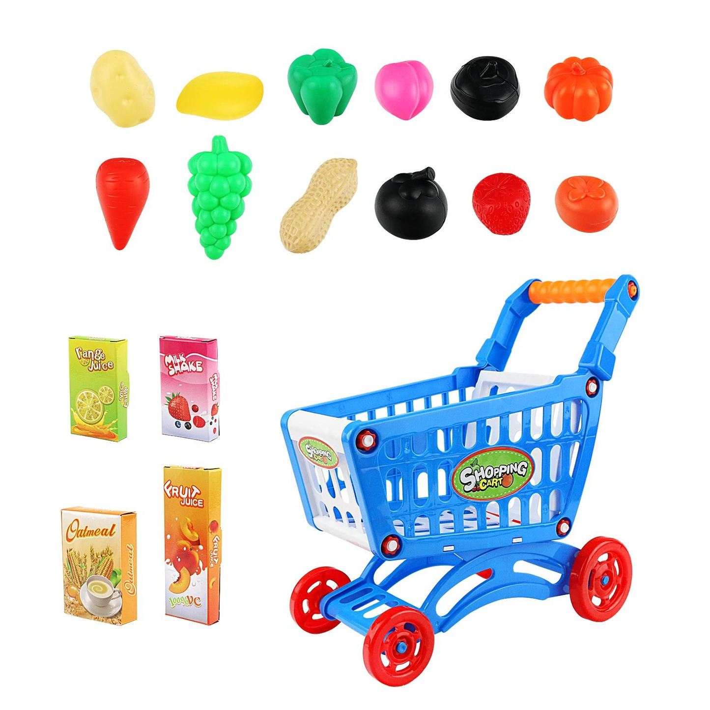 Kids Easy to Assemble Shopping Cart with Groceries, POS Machine, Plastic Money, Credit Cards and Shopping Cards