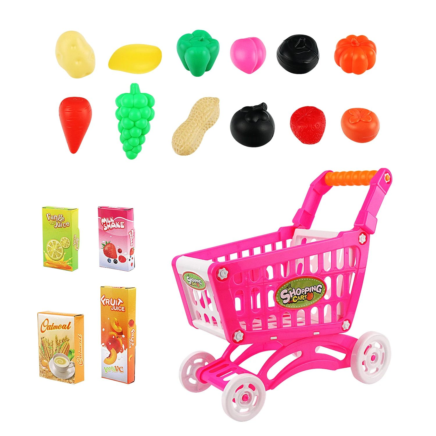Kids Easy to Assemble Shopping Cart with Groceries, POS Machine, Plastic Money, Credit Cards and Shopping Cards