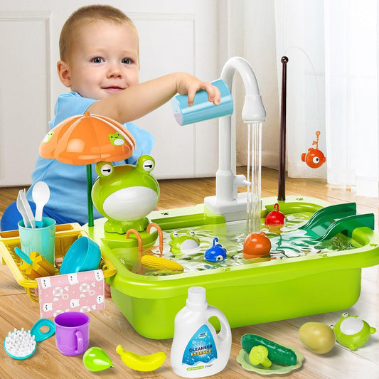 Kitchen Sink Toy with Running Water, Play Kitchen Accessories, Fishing Game, Safe for Age 3+