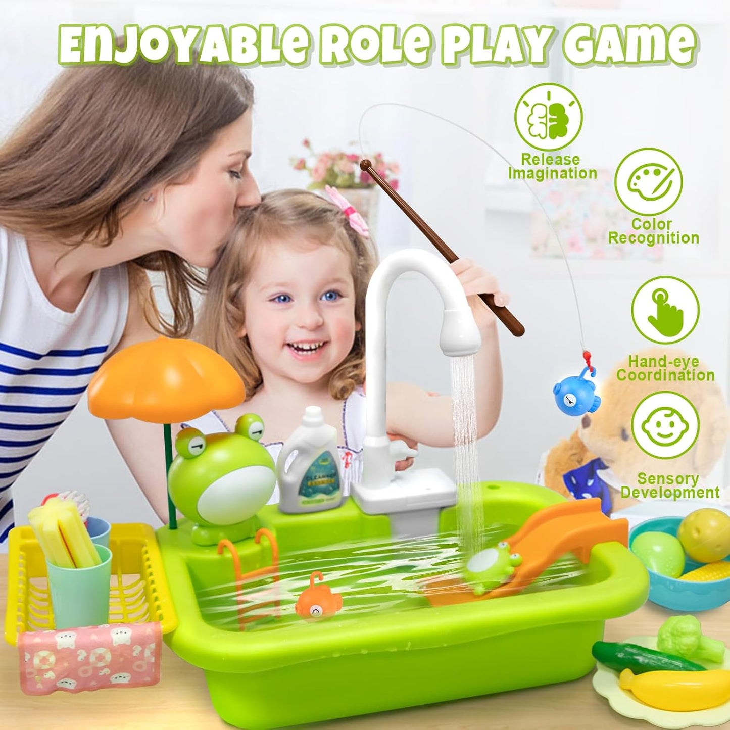 Kitchen Sink Toy with Running Water, Play Kitchen Accessories, Fishing Game, Safe for Age 3+