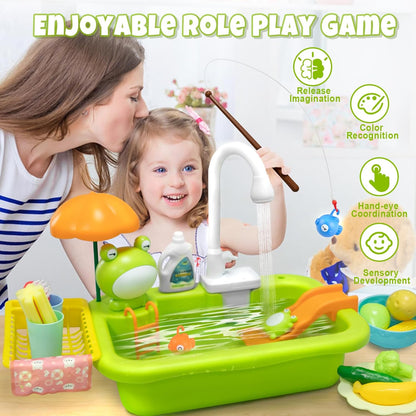 Kitchen Sink Toy with Running Water, Play Kitchen Accessories, Fishing Game, Safe for Age 3+