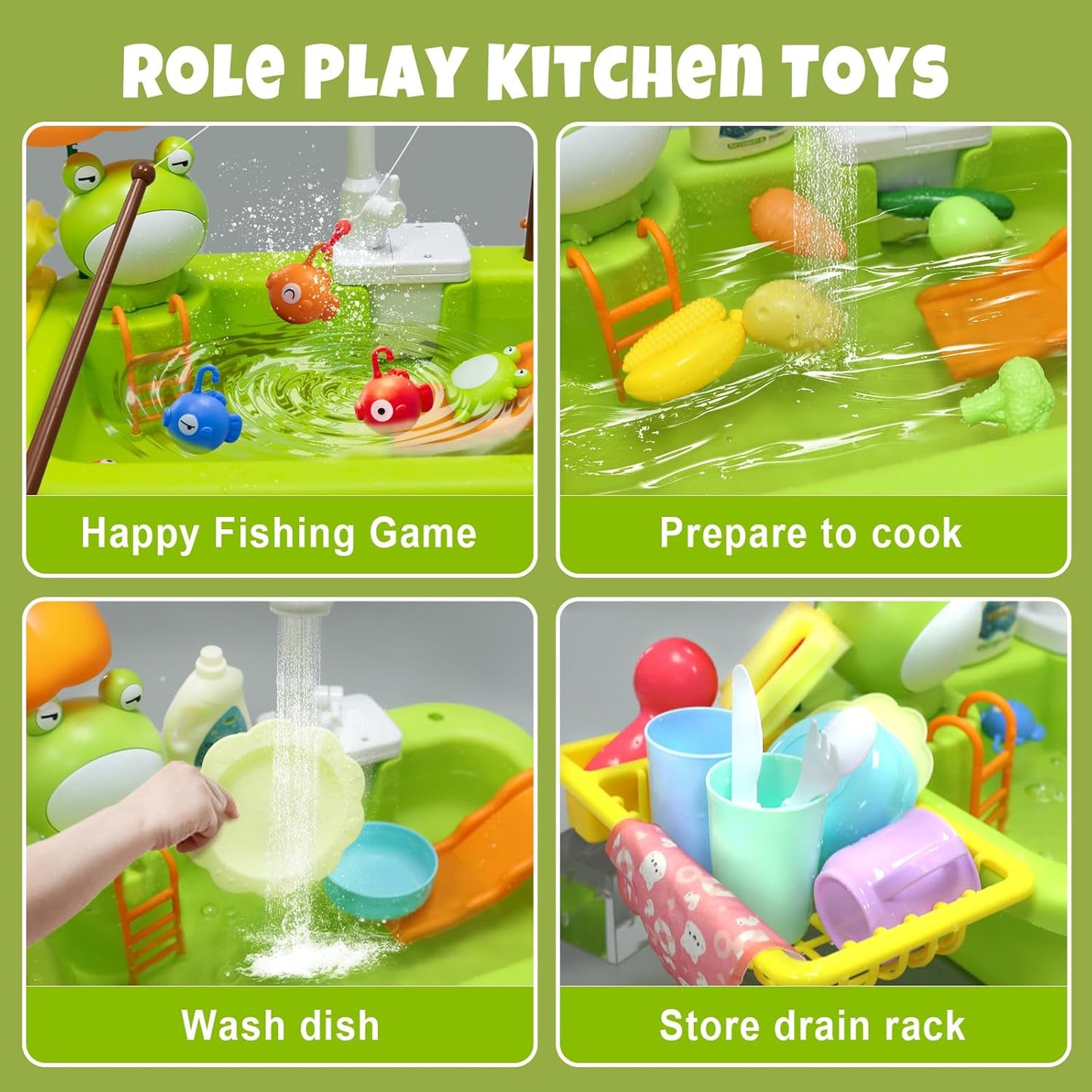 Kitchen Sink Toy with Running Water, Play Kitchen Accessories, Fishing Game, Safe for Age 3+