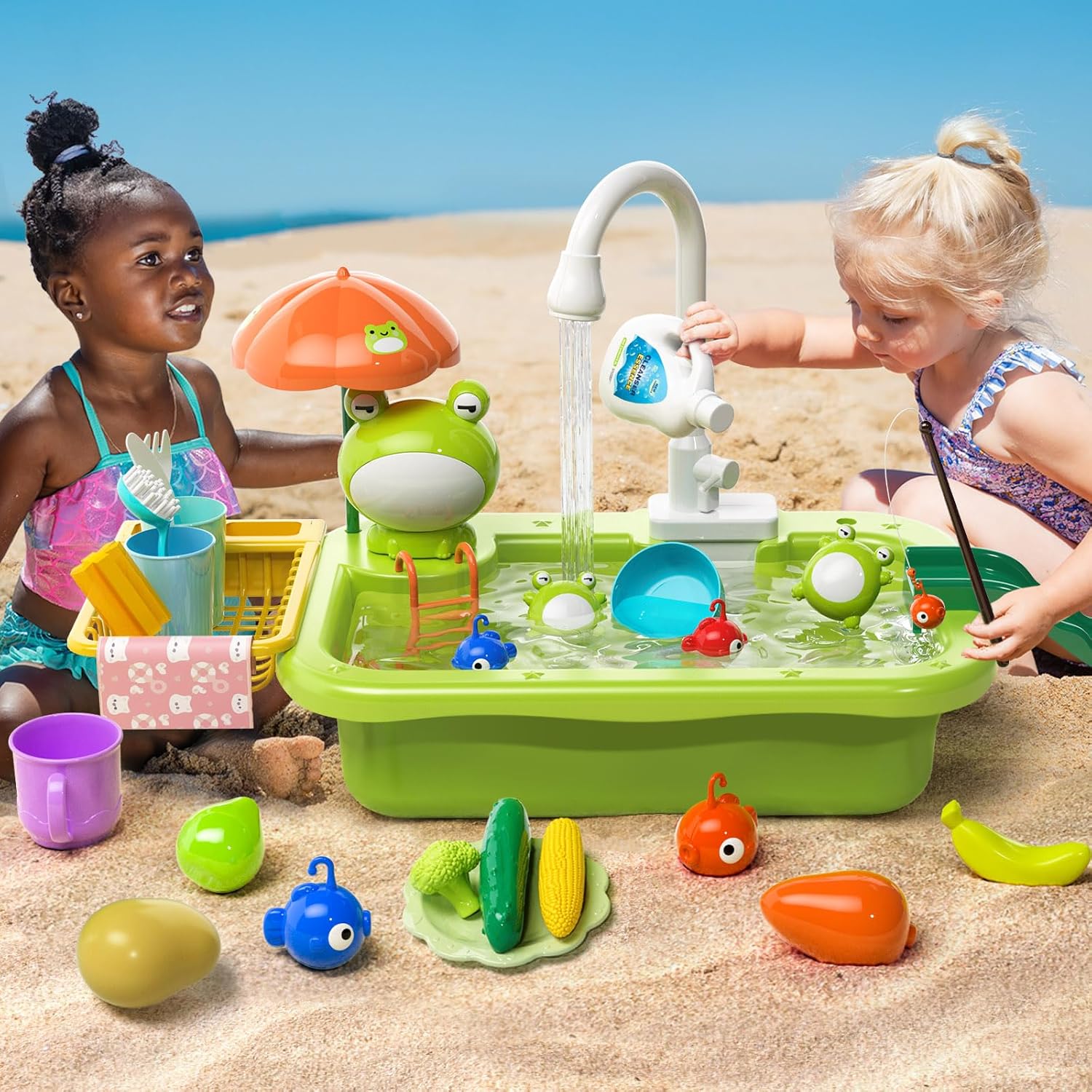 Kitchen Sink Toy with Running Water, Play Kitchen Accessories, Fishing Game, Safe for Age 3+