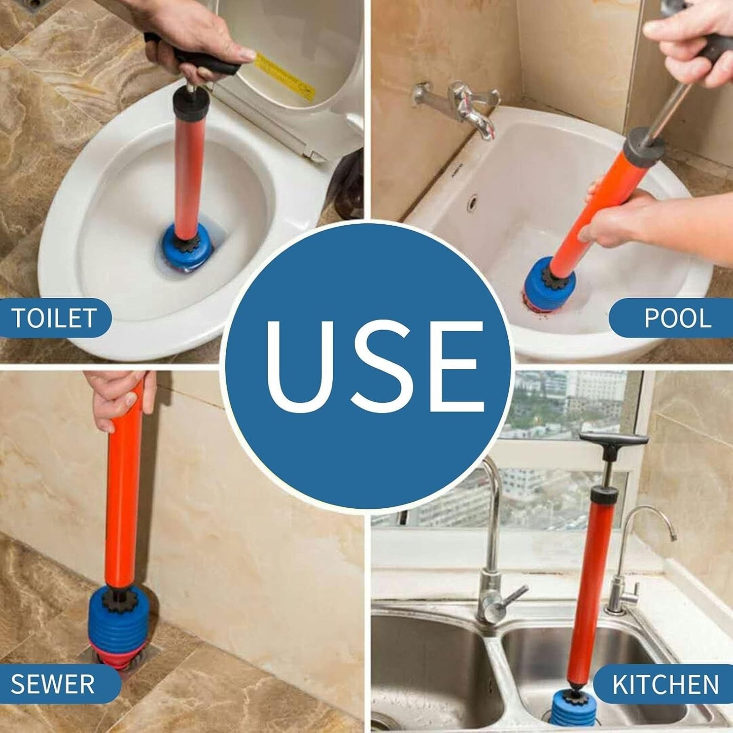 Manual Toilet Drain Unblocker, High Pressure Air Power, Reusable Plunger for Home Pipe Cleaning