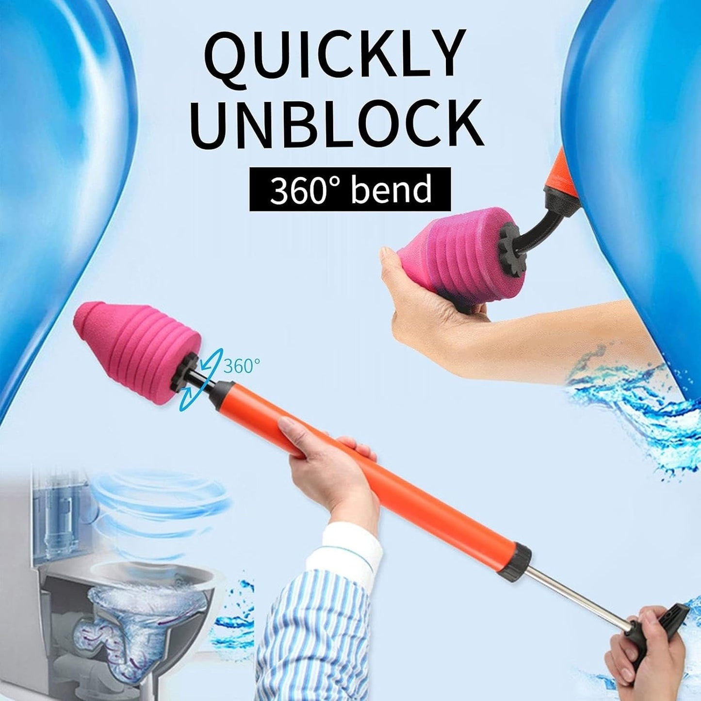 Manual Toilet Drain Unblocker, High Pressure Air Power, Reusable Plunger for Home Pipe Cleaning