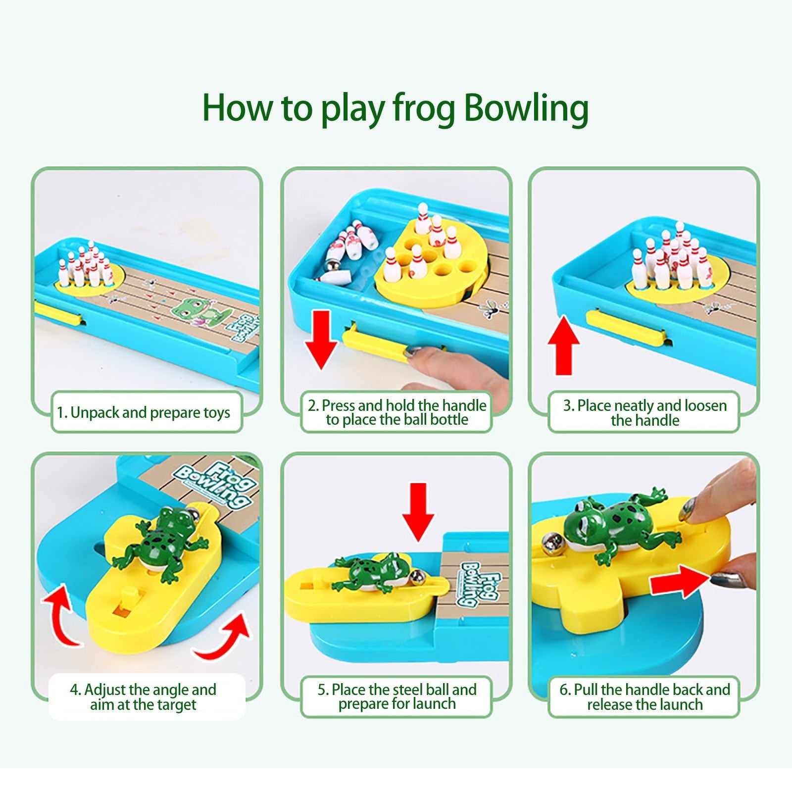 Mini Desktop Bowling with Cute frog launcher, Manual reset handle, Colorful design, Safe for Ages 6+