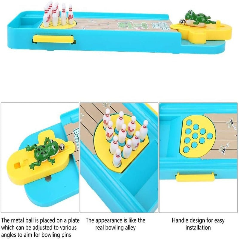 Mini Desktop Bowling with Cute frog launcher, Manual reset handle, Colorful design, Safe for Ages 6+