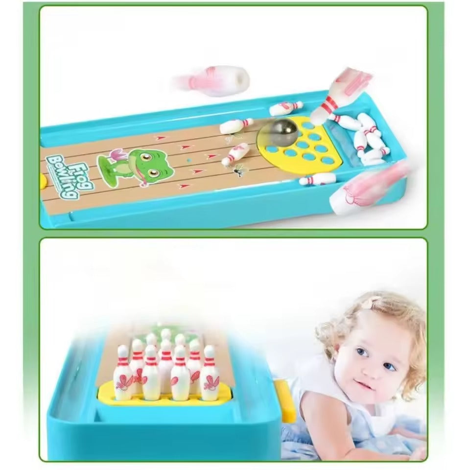 Mini Desktop Bowling with Cute frog launcher, Manual reset handle, Colorful design, Safe for Ages 6+