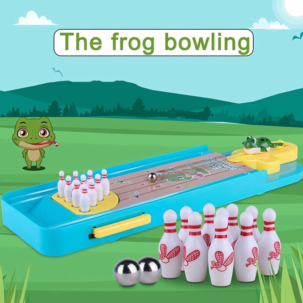 Mini Desktop Bowling with Cute frog launcher, Manual reset handle, Colorful design, Safe for Ages 6+