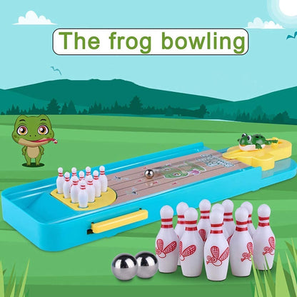 Mini Desktop Bowling with Cute frog launcher, Manual reset handle, Colorful design, Safe for Ages 6+