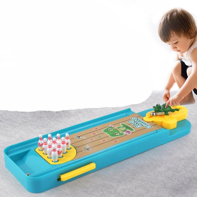 Mini Desktop Bowling with Cute frog launcher, Manual reset handle, Colorful design, Safe for Ages 6+