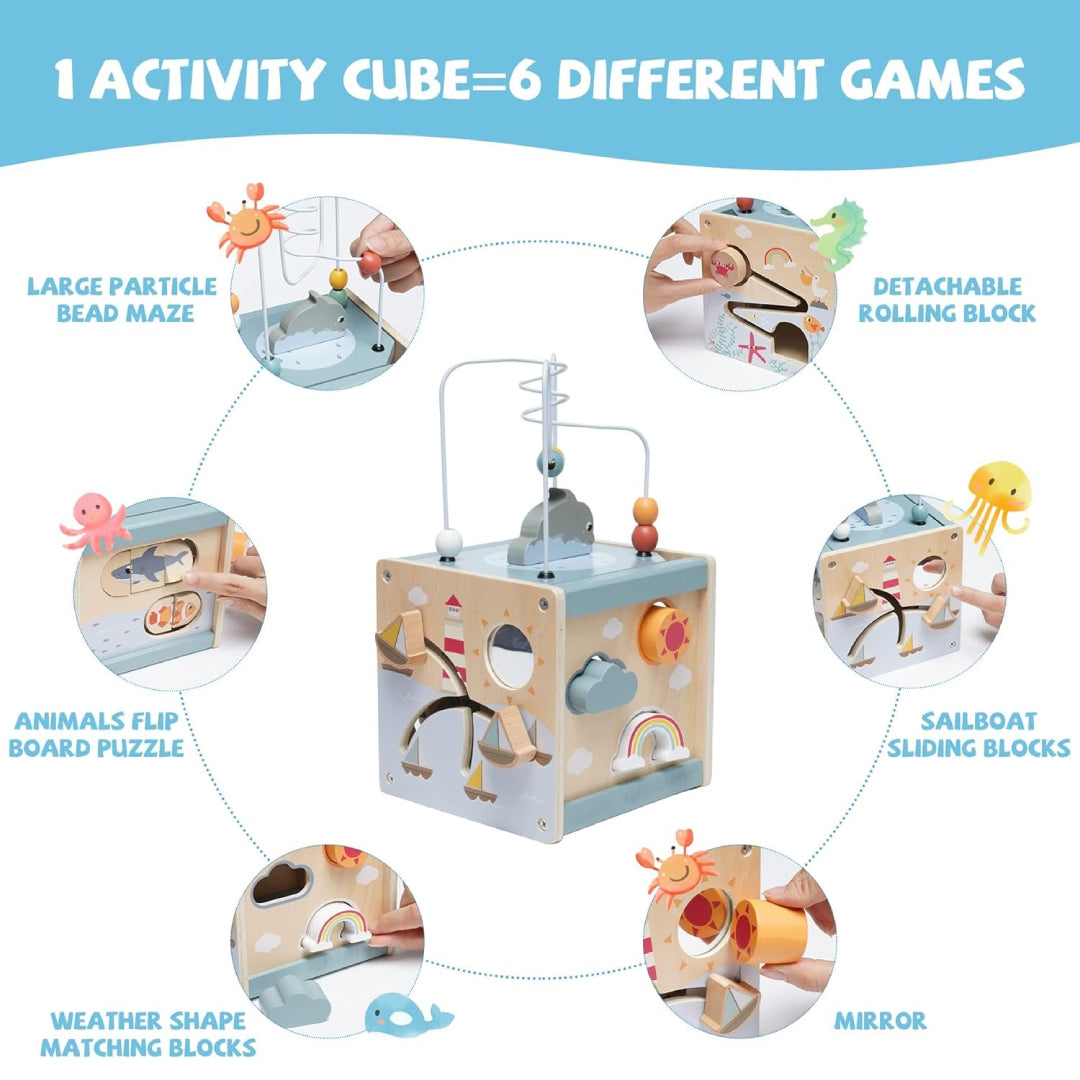 Montessori Wooden Activity Cube Toy – Multi-Educational Tool, Non-Toxic Wooden Material, Safe for Ages 3+