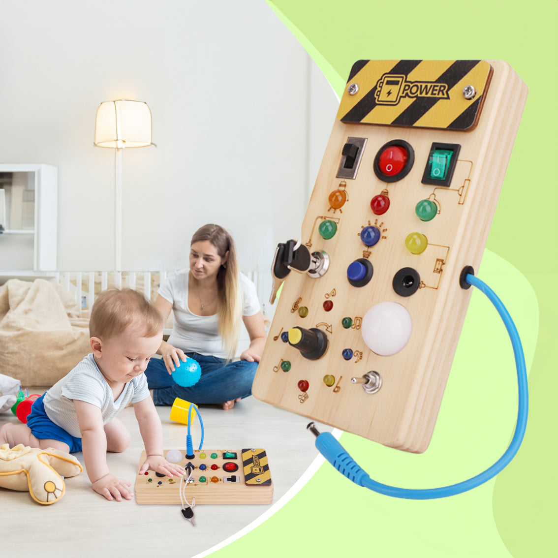 Montessori Wooden Busy Board with Multi Switch Activities and LED Lights Safe for Ages 1+