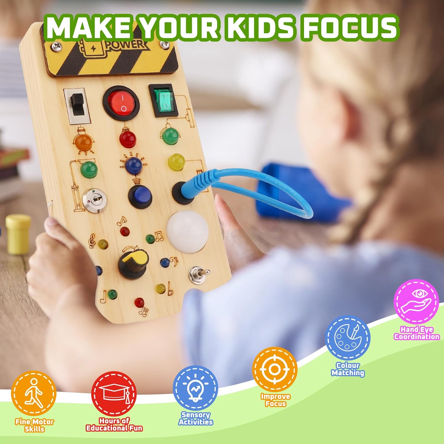 Montessori Wooden Busy Board with Multi Switch Activities and LED Lights Safe for Ages 1+
