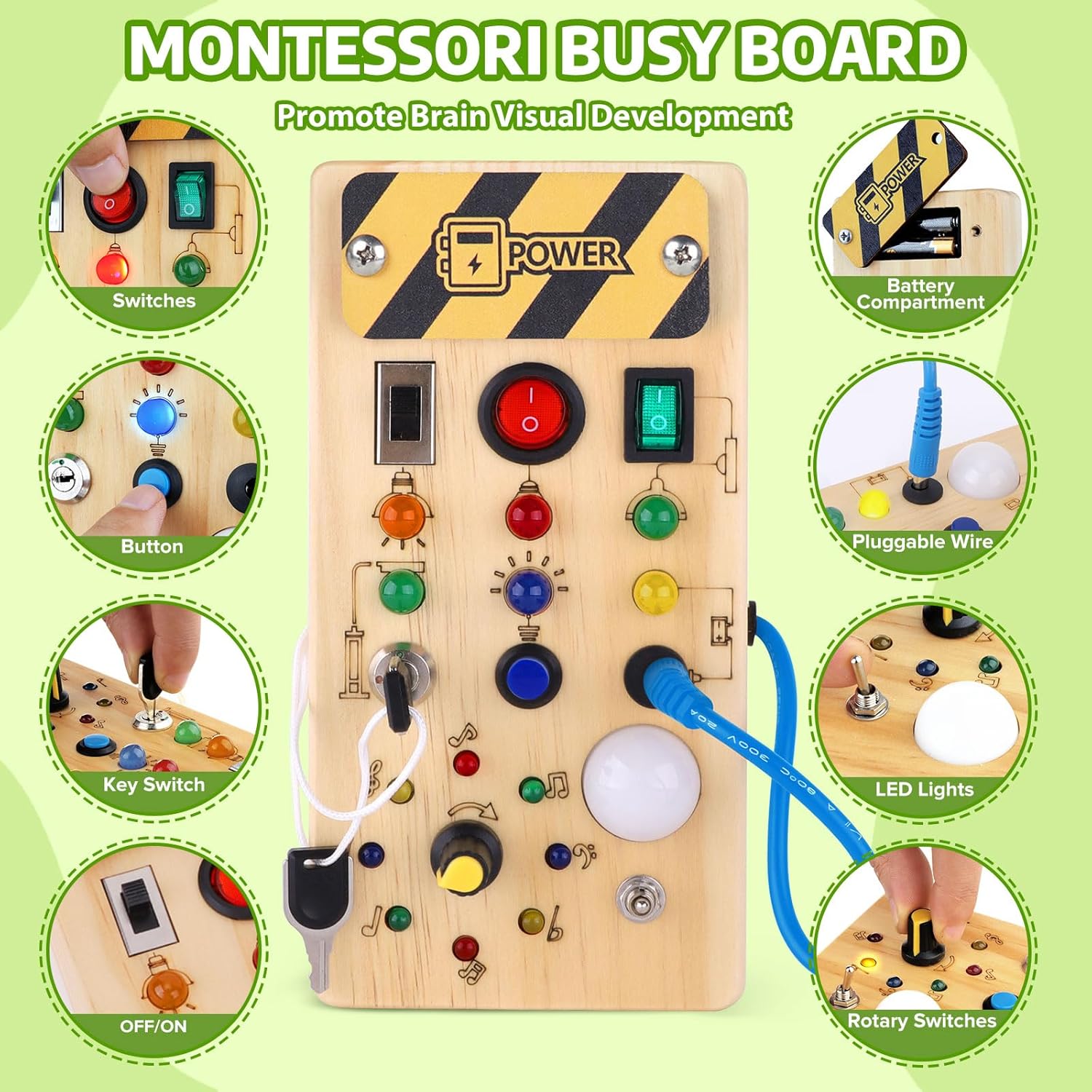Montessori Wooden Busy Board with Multi Switch Activities and LED Lights Safe for Ages 1+