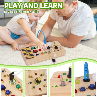 Montessori Wooden Busy Board with Multi Switch Activities and LED Lights Safe for Ages 1+