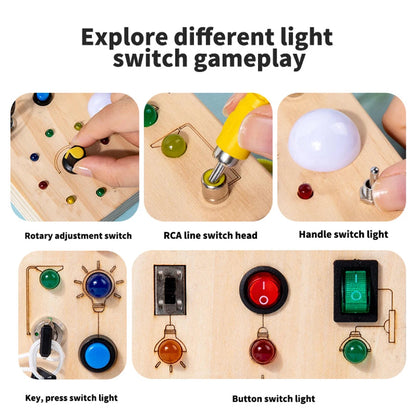 Montessori Wooden Busy Board with Multi Switch Activities and LED Lights Safe for Ages 1+