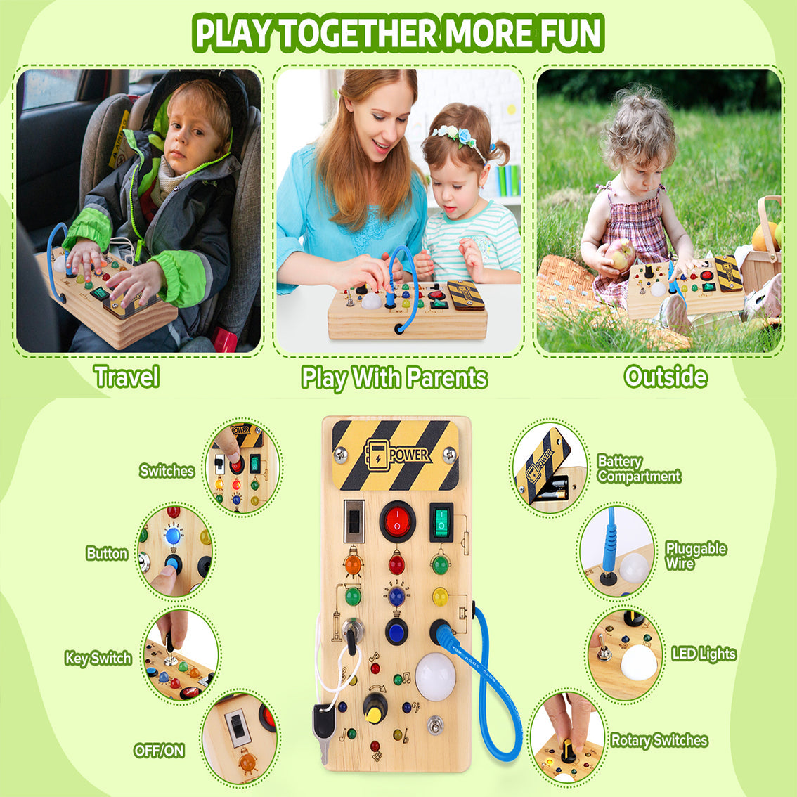 Montessori Wooden Busy Board with Multi Switch Activities and LED Lights Safe for Ages 1+
