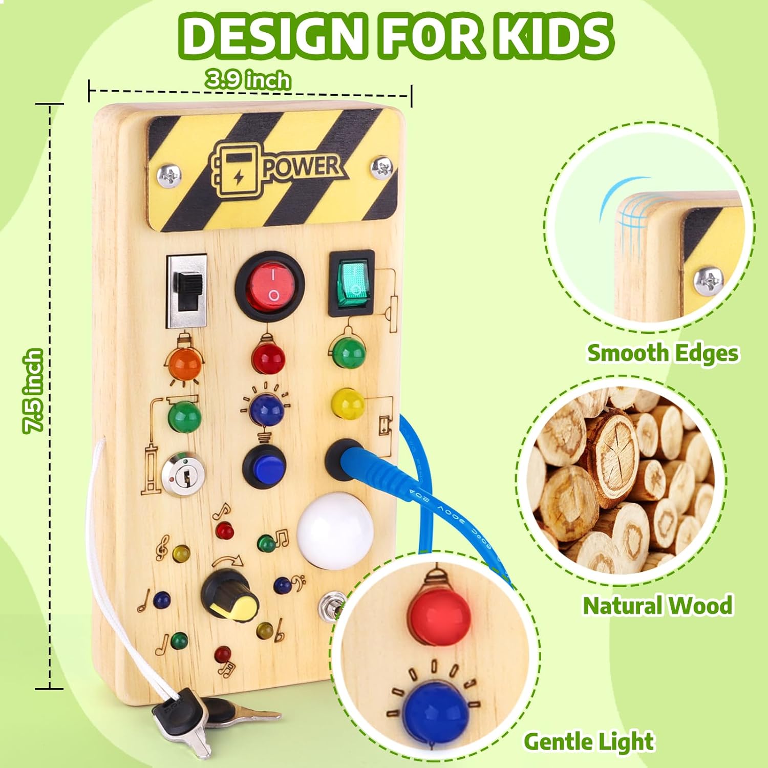 Montessori Wooden Busy Board with Multi Switch Activities and LED Lights Safe for Ages 1+