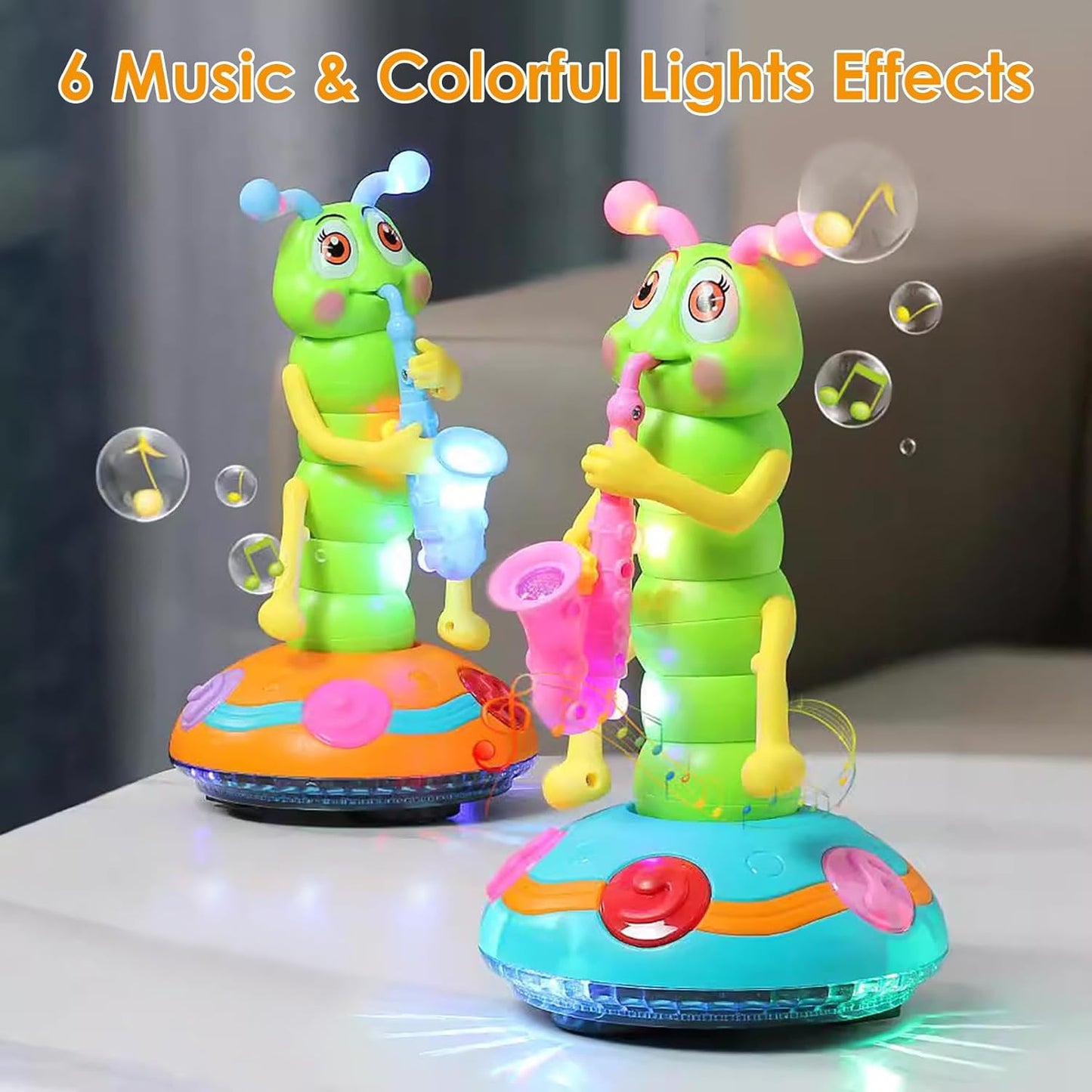 Musical Dancing Saxophone Caterpillar Toy with LED Lights and 2 Play Modes, Safe for Ages 2+