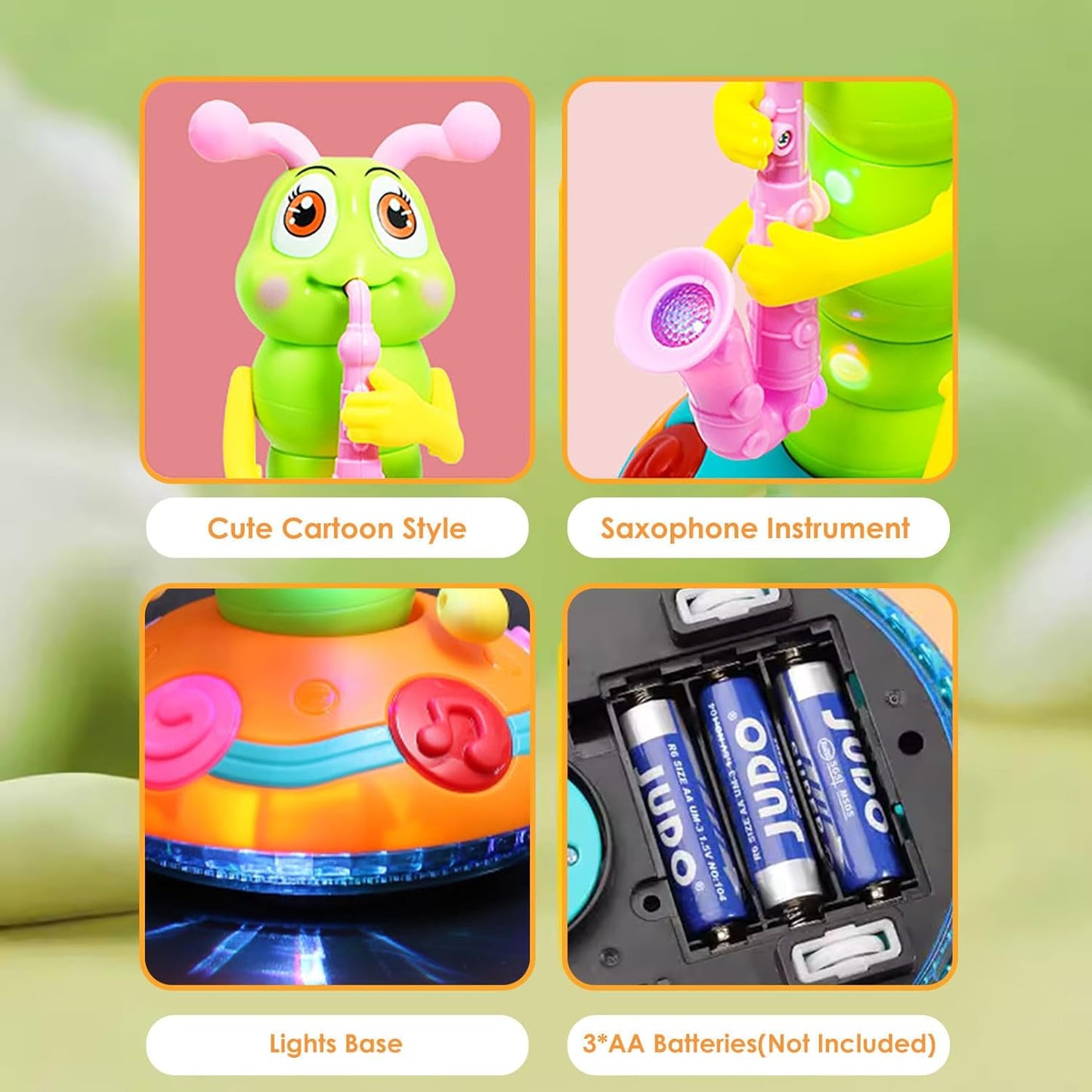Musical Dancing Saxophone Caterpillar Toy with LED Lights and 2 Play Modes, Safe for Ages 2+