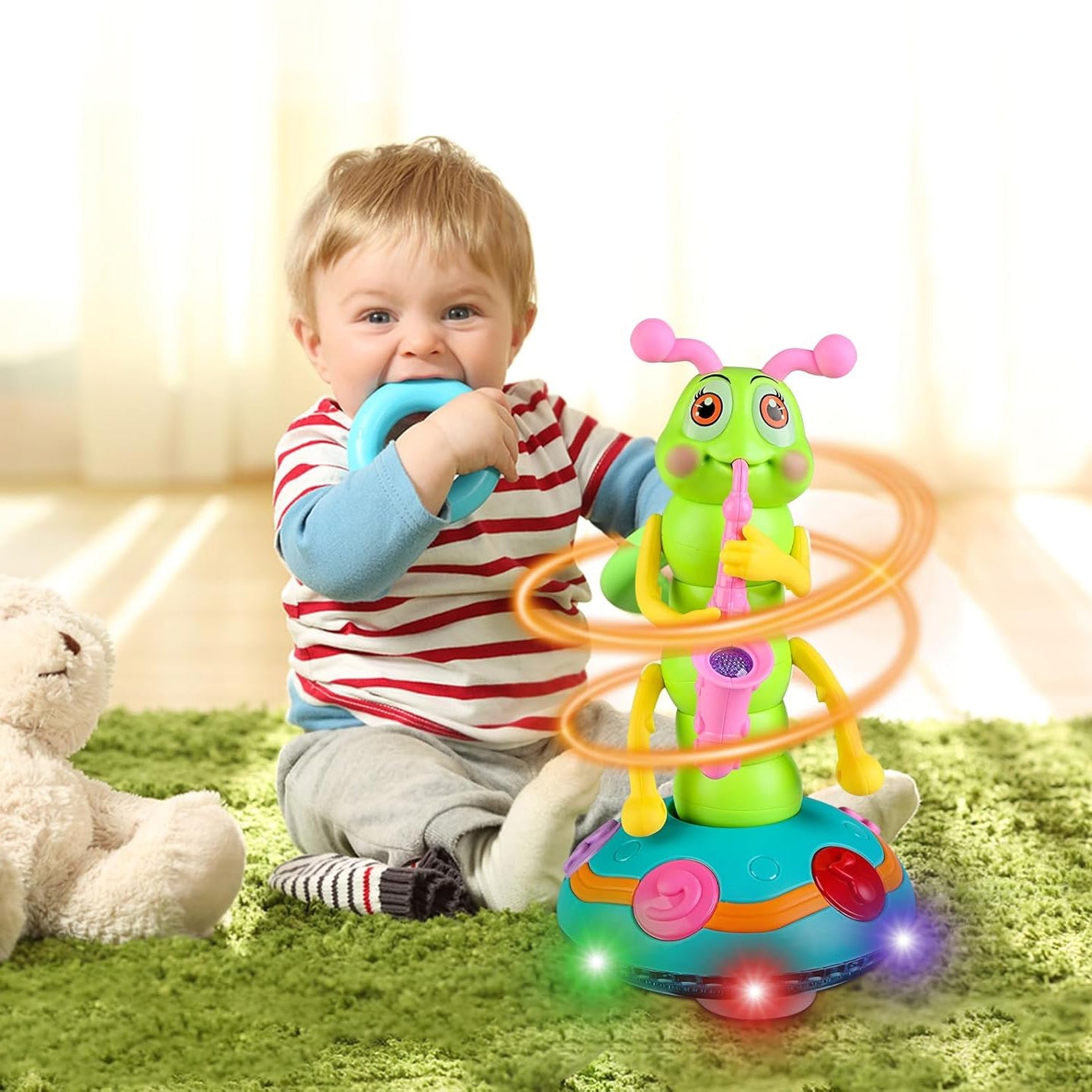 Musical Dancing Saxophone Caterpillar Toy with LED Lights and 2 Play Modes, Safe for Ages 2+