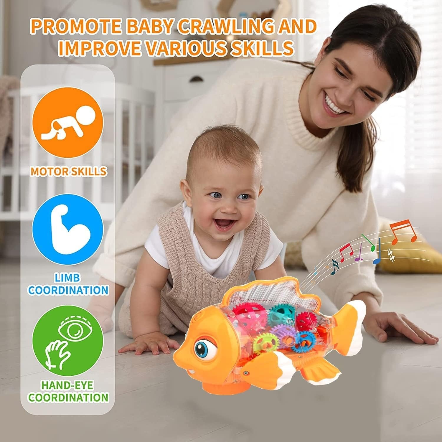 Musical Fish Toy, Flashing Lights, Moving Wheels, Rotating Gears, Realistic Action, Safe for Ages 2+