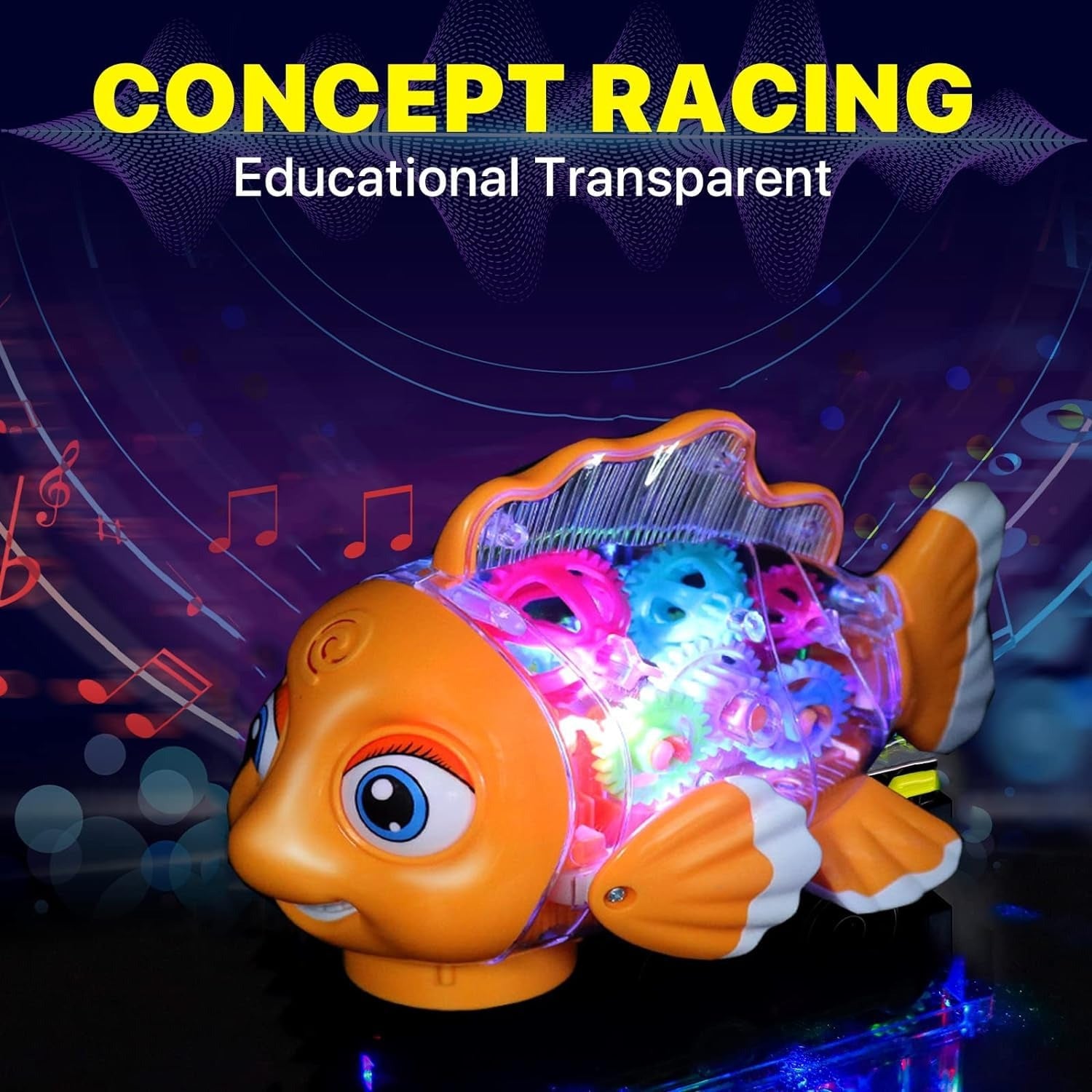 Musical Fish Toy, Flashing Lights, Moving Wheels, Rotating Gears, Realistic Action, Safe for Ages 2+