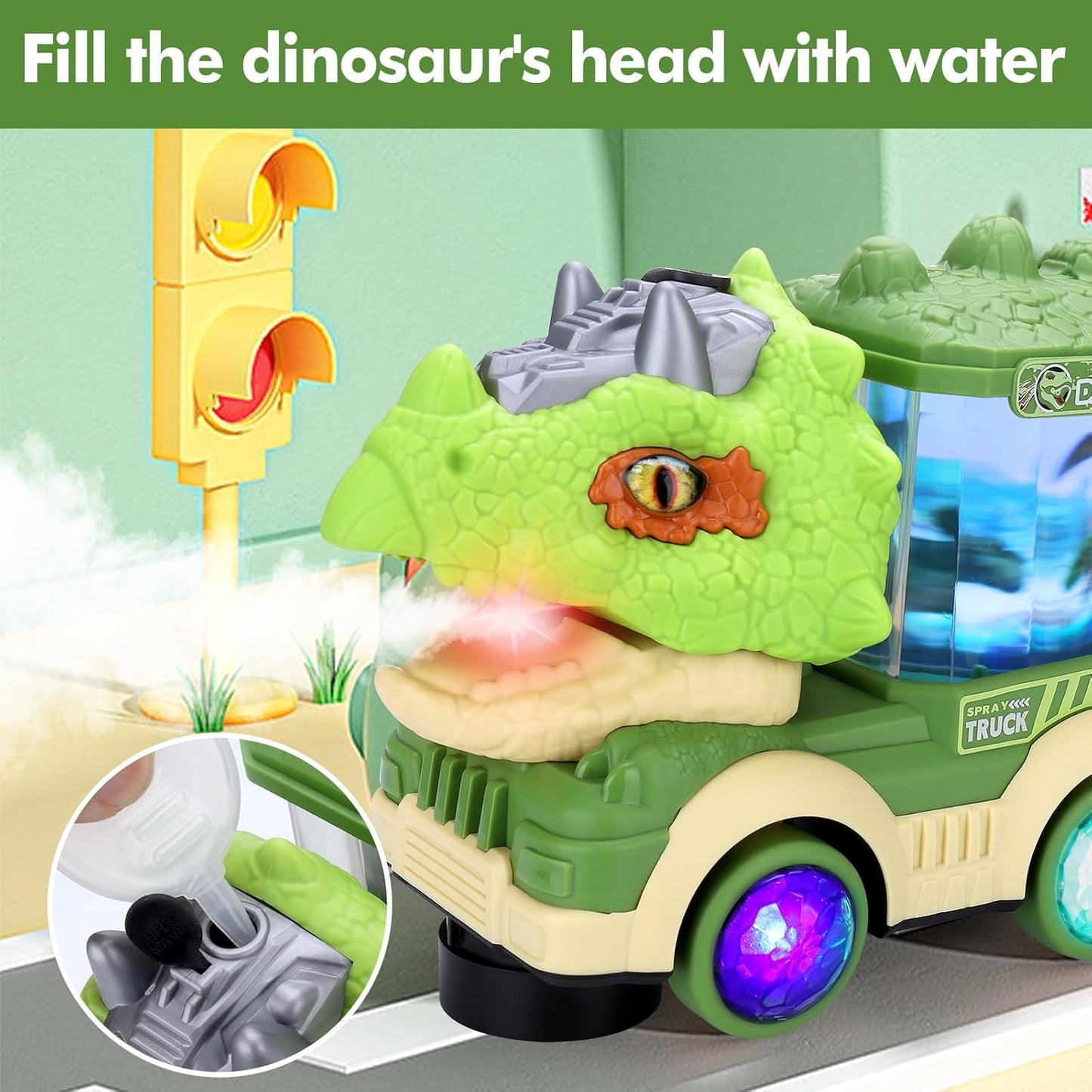 Musical Light-up Dinosaur Toy with Spray Mist, LED Colorful Lights, Obstacle Avoidance, Safe for Ages 3+