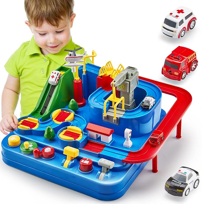 Race Track STEM Learning Toy for Kids Ages 3+ with 4 Mini Cars and 9 Fun Puzzle Levels