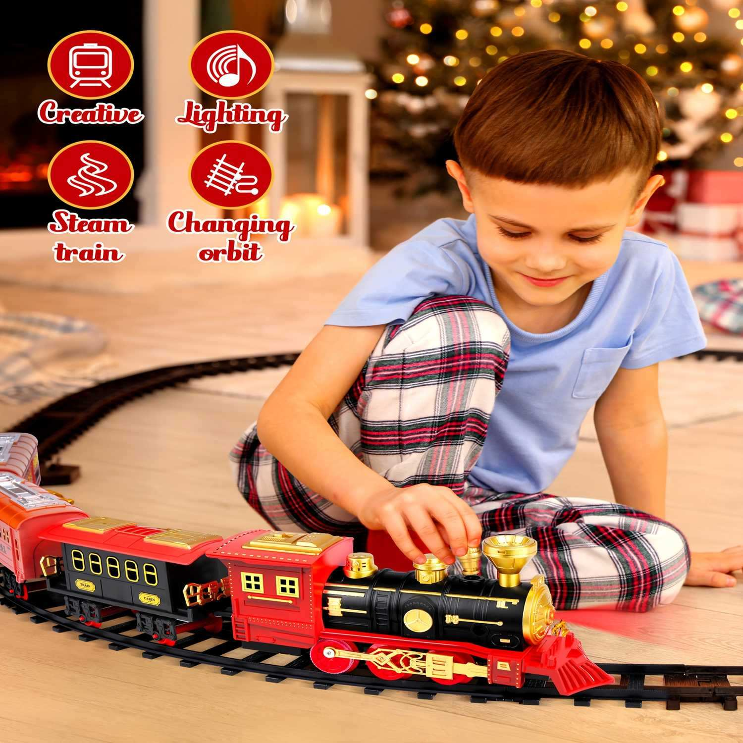 Red Christmas Tree Toy Steam Train Set with Lights Sounds Christmas Train Set Electric Train Sets for Kids Toy Christmas Under Tree Decoration