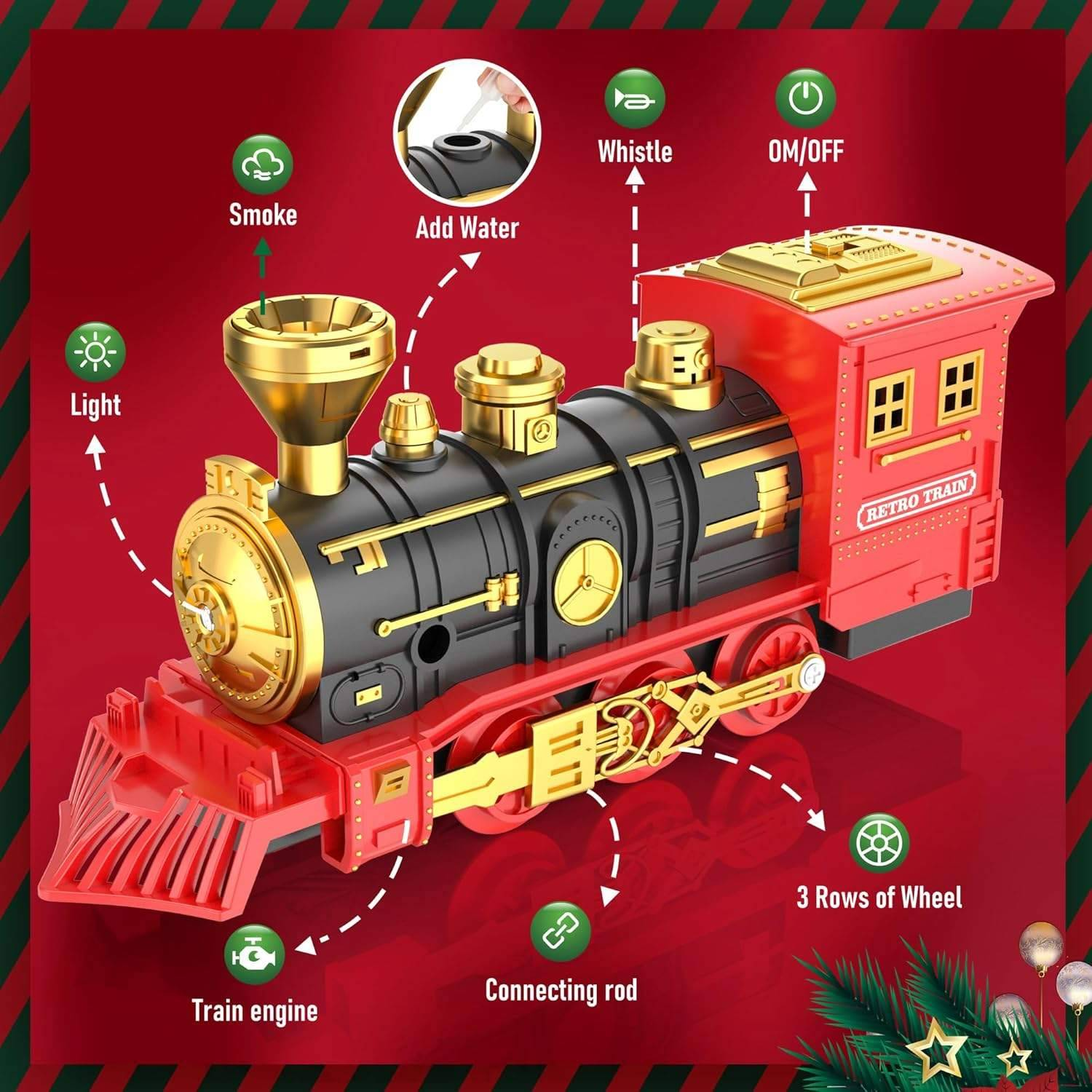 Red Christmas Tree Toy Steam Train Set with Lights Sounds Christmas Train Set Electric Train Sets for Kids Toy Christmas Under Tree Decoration