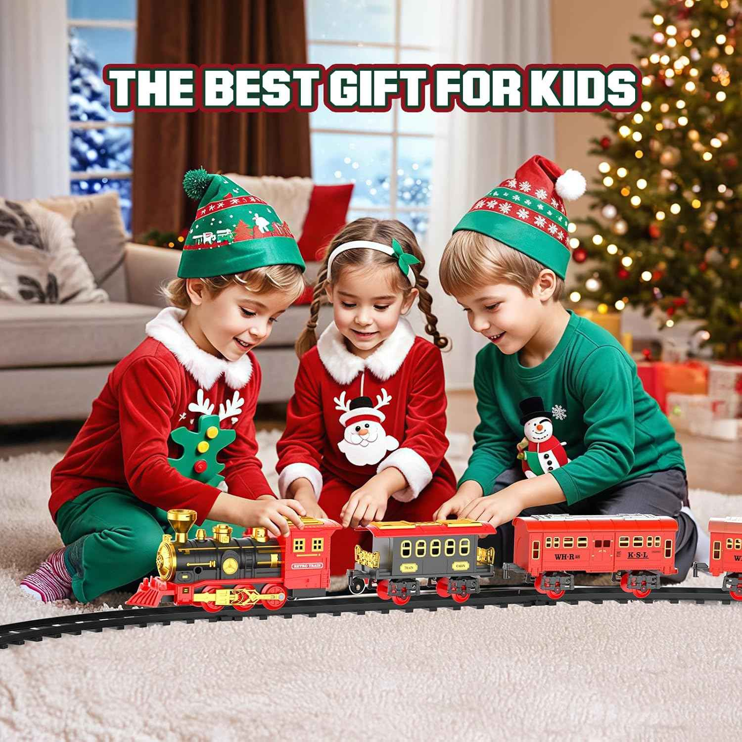 Red Christmas Tree Toy Steam Train Set with Lights Sounds Christmas Train Set Electric Train Sets for Kids Toy Christmas Under Tree Decoration