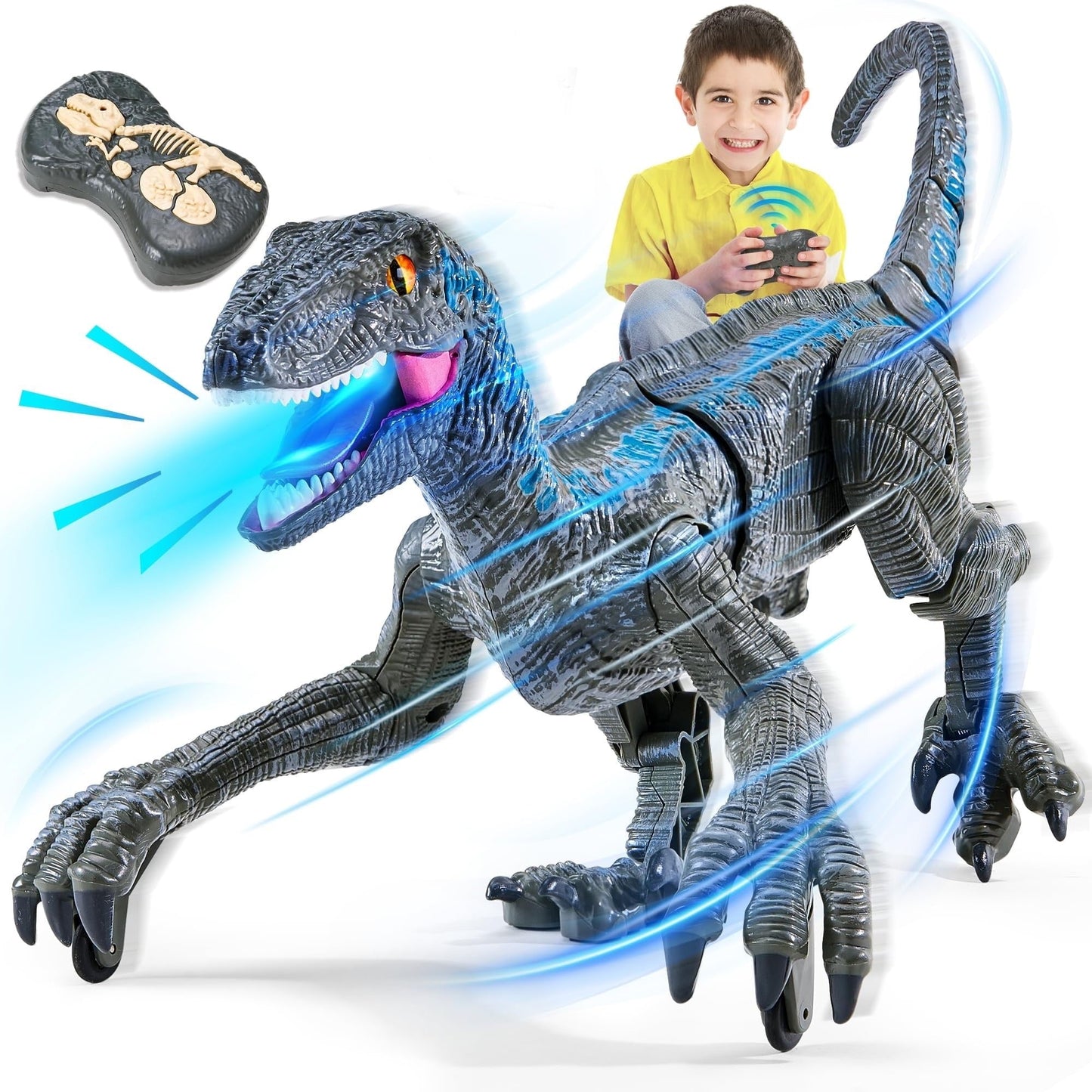 Remote Control Dinosaur Velociraptor with LED Lights and Roaring Sounds, Realistic Walking, Safe for Ages 3+