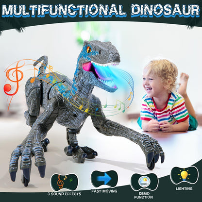 Remote Control Dinosaur Velociraptor with LED Lights and Roaring Sounds, Realistic Walking, Safe for Ages 3+