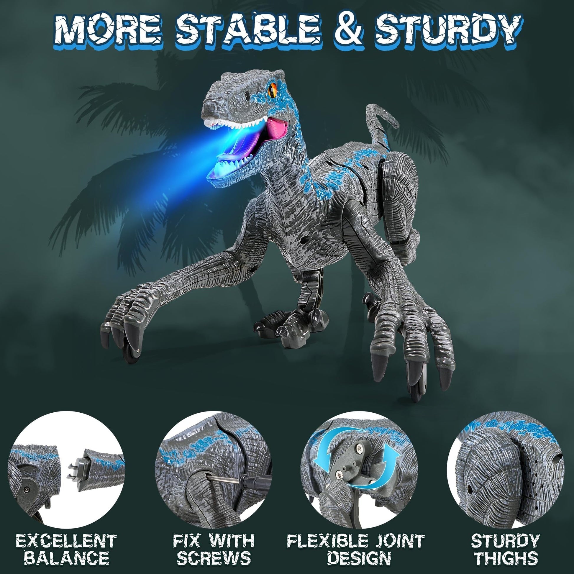 Remote Control Dinosaur Velociraptor with LED Lights and Roaring Sounds, Realistic Walking, Safe for Ages 3+
